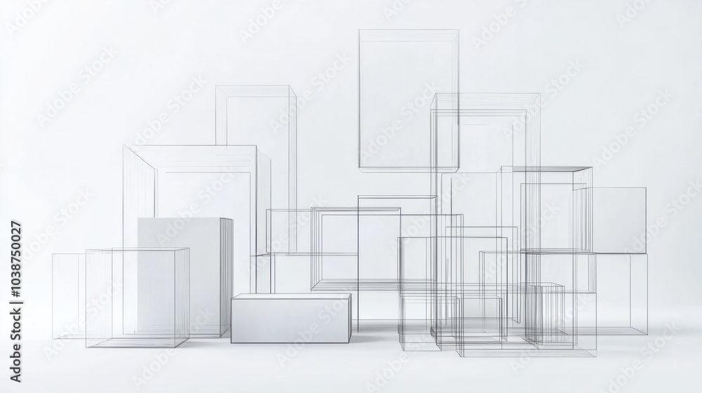 Poster minimal architectural wireframe of structural mockup box components on white background