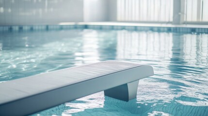 Fototapeta premium A swimming pool starting block and water surface, indoor setting with natural light reflections, Serene style