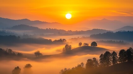 Obraz premium Serene Sunrise Over Misty Valley at Dawn