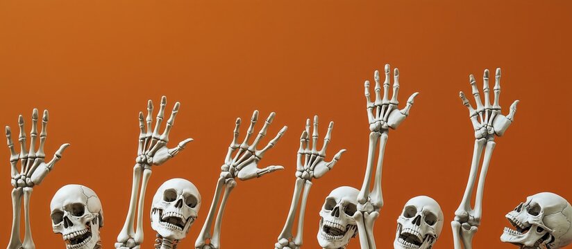 A series of skelleton arms raised in various poses on orange color background.