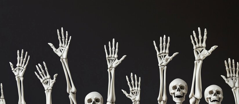 A series of skelleton arms raised in various poses on gradient black color background.