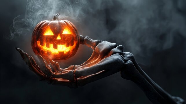 An open the palm of the skelleton hand and a jack-o-lantern with soft ligting against a gradient black color with soft smoke background.