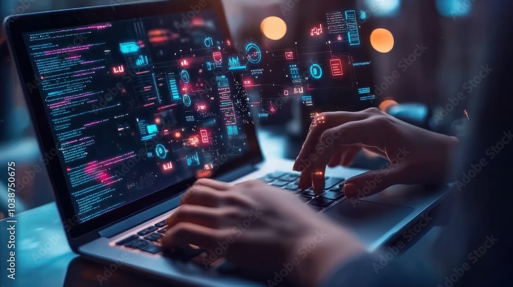 Aufkleber person using laptop with digital icons for analytics and automation floating above the keyboard
