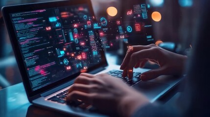 Fototapeta premium Person using laptop with digital icons for analytics and automation floating above the keyboard