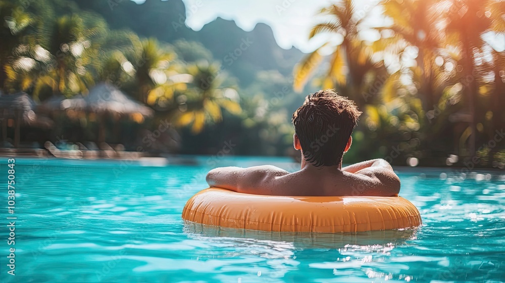 Poster man relaxing on pool float in emerald waters under the sun generative ai