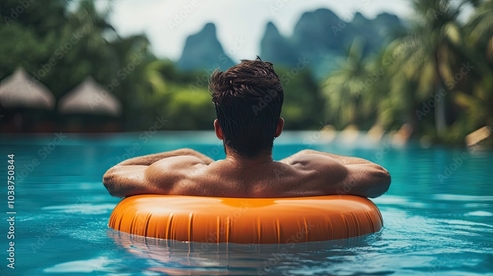 Poster man relaxing on a pool float in vibrant emerald blue waters generative ai