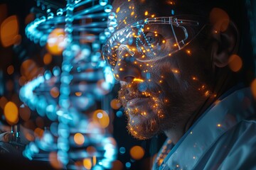 Scientist studying a holographic DNA strand with glowing data points, symbolizing cutting-edge genetic research