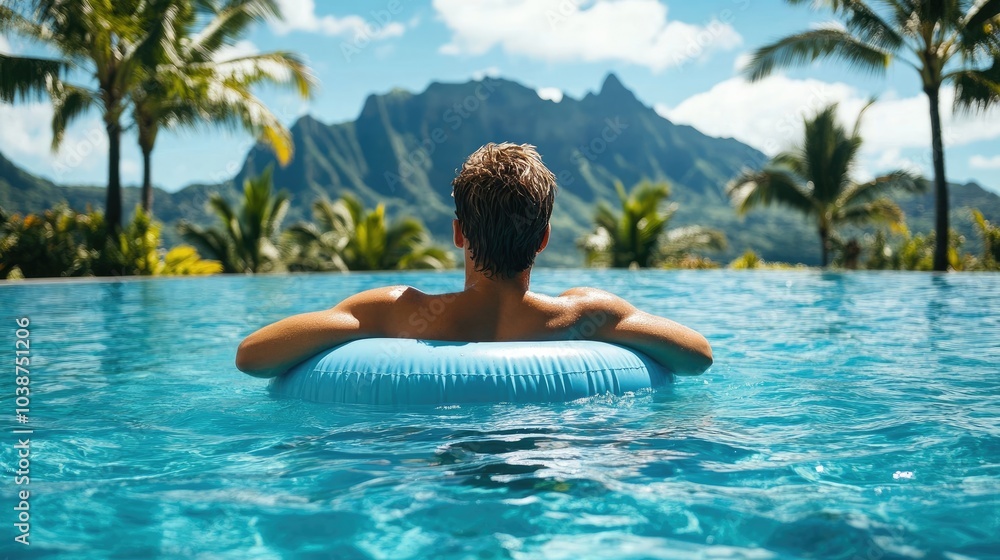 Poster chillin' in emerald waters on a pool float generative ai