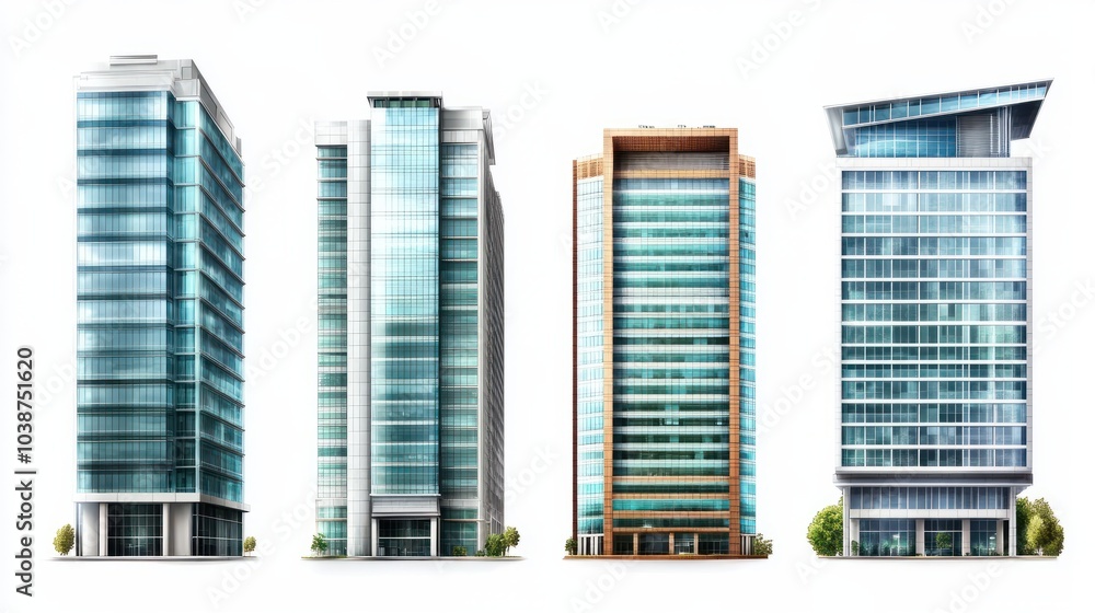 Poster set of tall office building realistic image isolated on transparent background