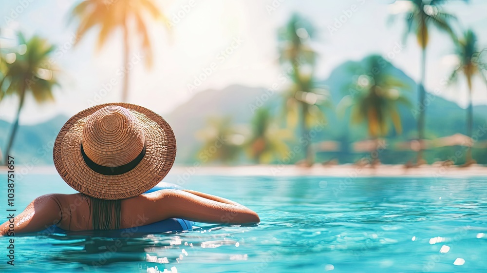 Poster woman relaxing in pool with float and straw hat on sunny day generative ai