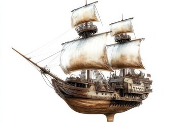Naklejka premium Fantastical pirate ship sailing through the air with a white background.