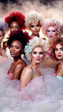 Portrait de groupe de femmes avec des coiffures boucl&eacute;es et color&eacute;es