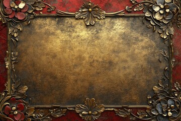 Golden metal plate with floral ornament surrounded by red velvet background