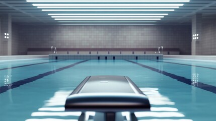 Obraz premium A swimming pool starting block with a streamlined design, indoor setting with underwater lights, Sleek style