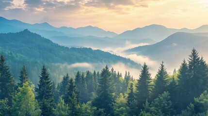 Obraz premium Beautiful landscape of green forest at sunset in the sunlight