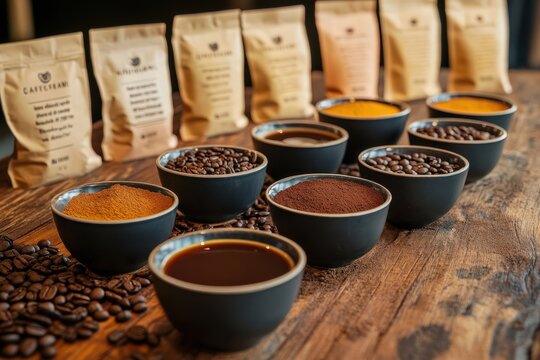 A vibrant shot of a specialty coffee cupping session, with several small cups lined up, each filled with freshly brewed coffee
