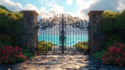 Fototapeta premium Stunning illustration of an abandoned iron gate, isolated against a mesmerizing background. Ideal for artistic projects needing a striking, creative design with ample copy space.