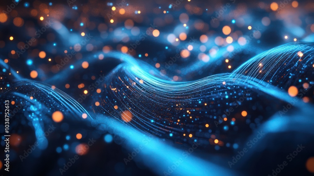 Poster the abstract image depicts a blue optical fiber network with glowing dots and bokeh effects, symboli