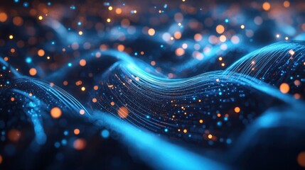 Fototapeta premium The abstract image depicts a blue optical fiber network with glowing dots and bokeh effects, symbolizing technology and communication concepts in a visually captivating manner