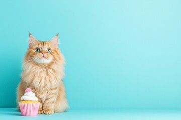 Fluffy Maine Coon cat curiously nibbling a cupcake against a soft blue backdrop in a cozy studio setting