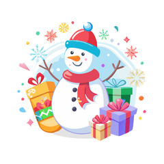 Festive Snowman with Presents and Christmas Decorations