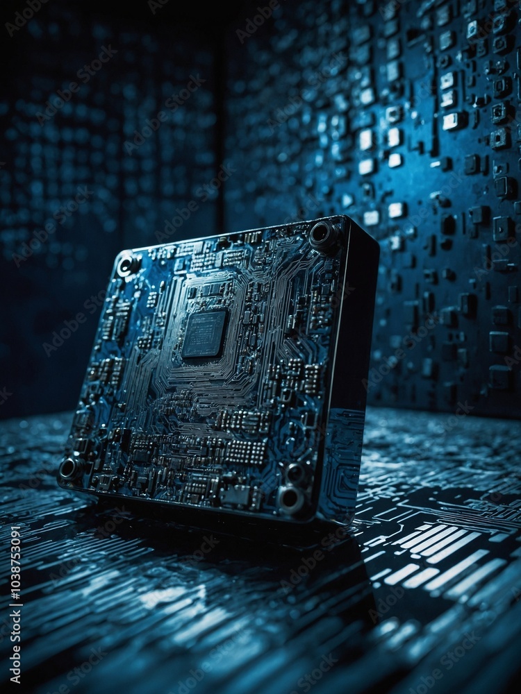 Aufkleber computer motherboard with various electronic components and circuits against dark, moody background 