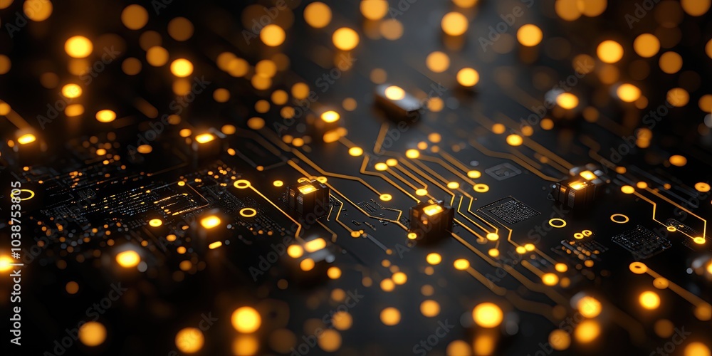Poster abstract digital circuit board with glowing orange lights and intricate patterns for technology desi
