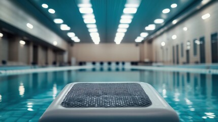 A swimming pool starting block with focus on the non-slip surface, indoor setting with overhead lighting, Modern style