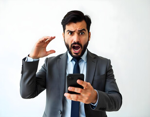 Naklejka premium Businessman with shocked expression holding smart phone and raising hand