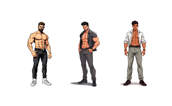 Editable vector illustration of three muscular men in dynamic poses, showcasing strength and determination.