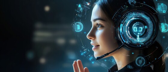 A woman with a futuristic headset, engaged in digital communication and technology.