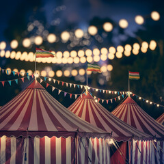 Vibrant circus tents illuminated by colorful lights, creating magical nighttime atmosphere For Social Media Post Size