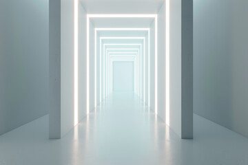 Fototapeta premium Futuristic corridor featuring glowing neon lights with sleek minimalist design and clean white background. Modern interior architecture, emphasizing cutting-edge technology and high-tech aesthetics.