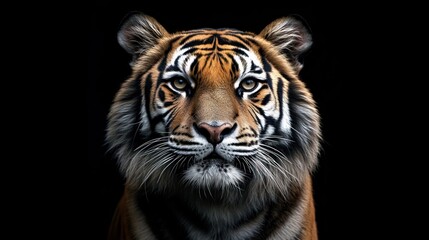 Fototapeta premium A close-up portrait of a tiger, showcasing its striking features and intense gaze.