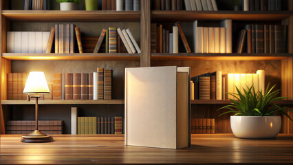 Blank Book Standing on Wooden Shelf in Cozy Library