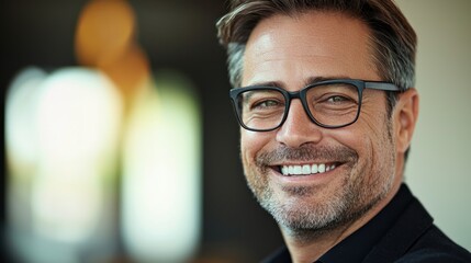 Obraz premium Happy middle aged professional business man, smiling mature executive ceo manager, 45 years old male entrepreneur, confident business owner wearing glasses in office. Headshot portrait 