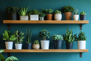 vibrant display of various indoor plants arranged on wooden shelves against teal wall, creating refreshing and lively atmosphere. assortment includes succulents, ferns, and other greenery, enhancing