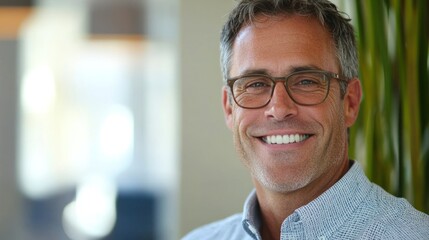 Happy middle aged professional business man, smiling mature executive ceo manager, 45 years old male entrepreneur, confident business owner wearing glasses in office. Headshot portrait 