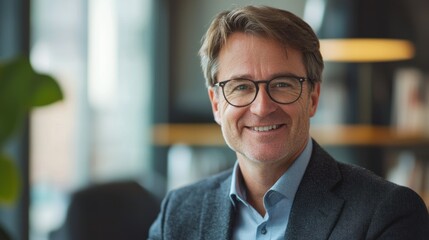 Fototapeta premium Happy middle aged professional business man, smiling mature executive ceo manager, 45 years old male entrepreneur, confident business owner wearing glasses in office. Headshot portrait 