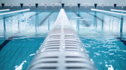 Obraz premium A swimming pool starting block with water droplets, indoor setting with clear blue water, Elegant style