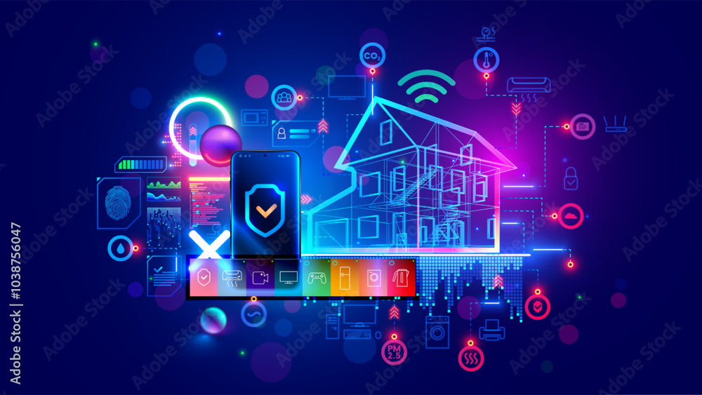 Fototapete Smart home system design concept. Phone controls Smart home. Smart home development infrastructure house. IOT system engineering. Icons devices in network of building. Internet of things. Blueprint.