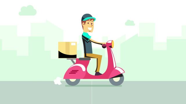 Fast delivery man 2D vector animation, Happy delivery man riding a motor scooter, Fast shipping