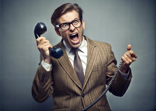 Angry nerd businessman retro telephone call shouting