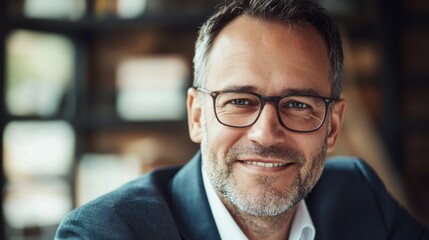 Obraz premium Happy middle aged professional business man, smiling mature executive ceo manager, 45 years old male entrepreneur, confident business owner wearing glasses in office. Headshot portrait 