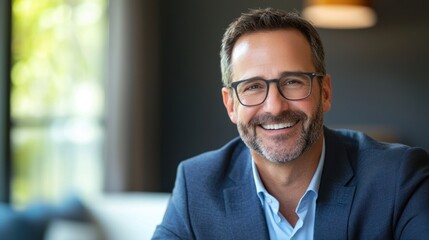 Happy middle aged professional business man, smiling mature executive ceo manager, 45 years old male entrepreneur, confident business owner wearing glasses in office. Headshot portrait 