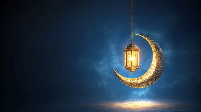 Crescent moon with luminous lantern hanging, ample copy space. Islamic banner illustration.