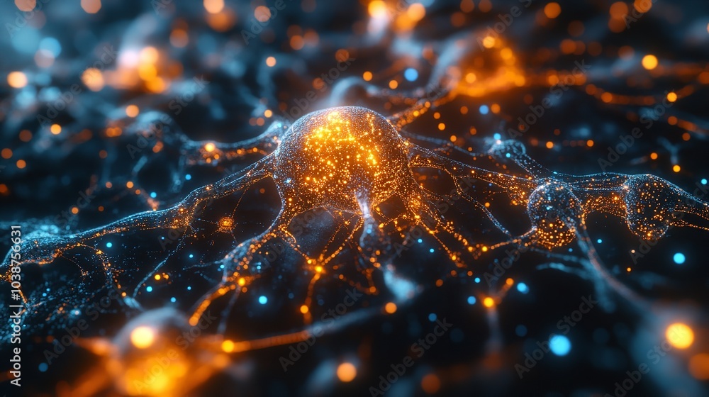 Poster blue microcosm: a 3d rendering of glowing particles in a sci-fi grid