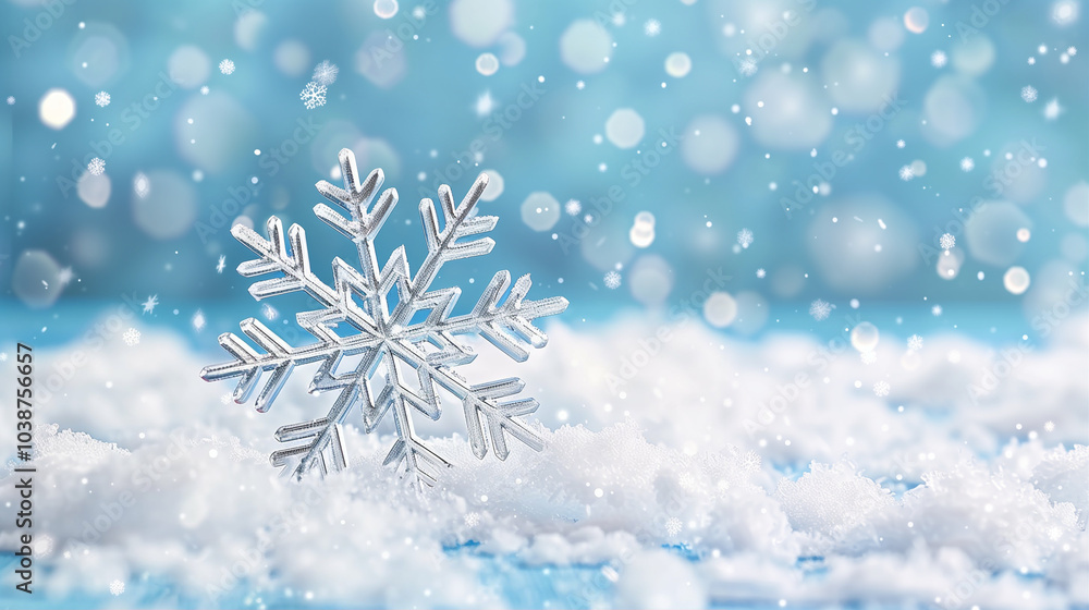 Poster snowflake on snowy surface in winter wonderland with blue background and sparkling bokeh