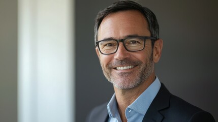 Happy middle aged professional business man, smiling mature executive ceo manager, 45 years old male entrepreneur, confident business owner wearing glasses in office. Headshot portrait 