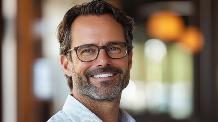 Obraz premium Happy middle aged professional business man, smiling mature executive ceo manager, 45 years old male entrepreneur, confident business owner wearing glasses in office. Headshot portrait 